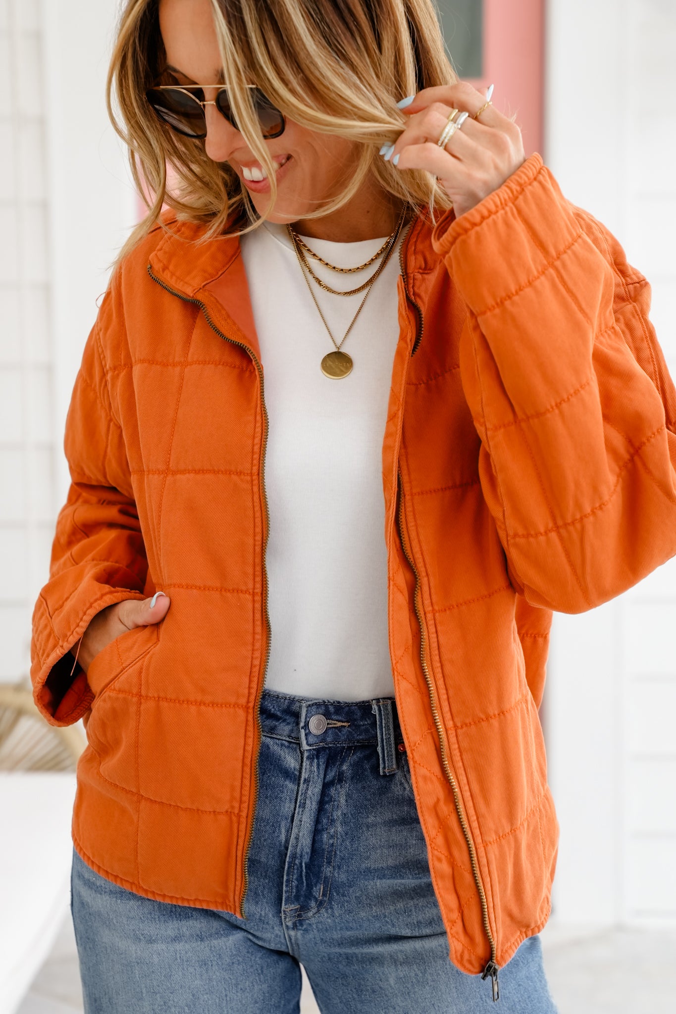 Washed Quilted Long Sleeve Zip-Up Jacket