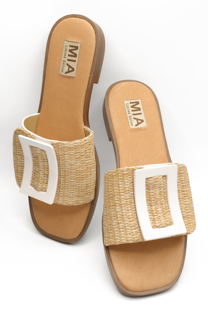 MIA Woven Raffia Buckle Slide Sandal