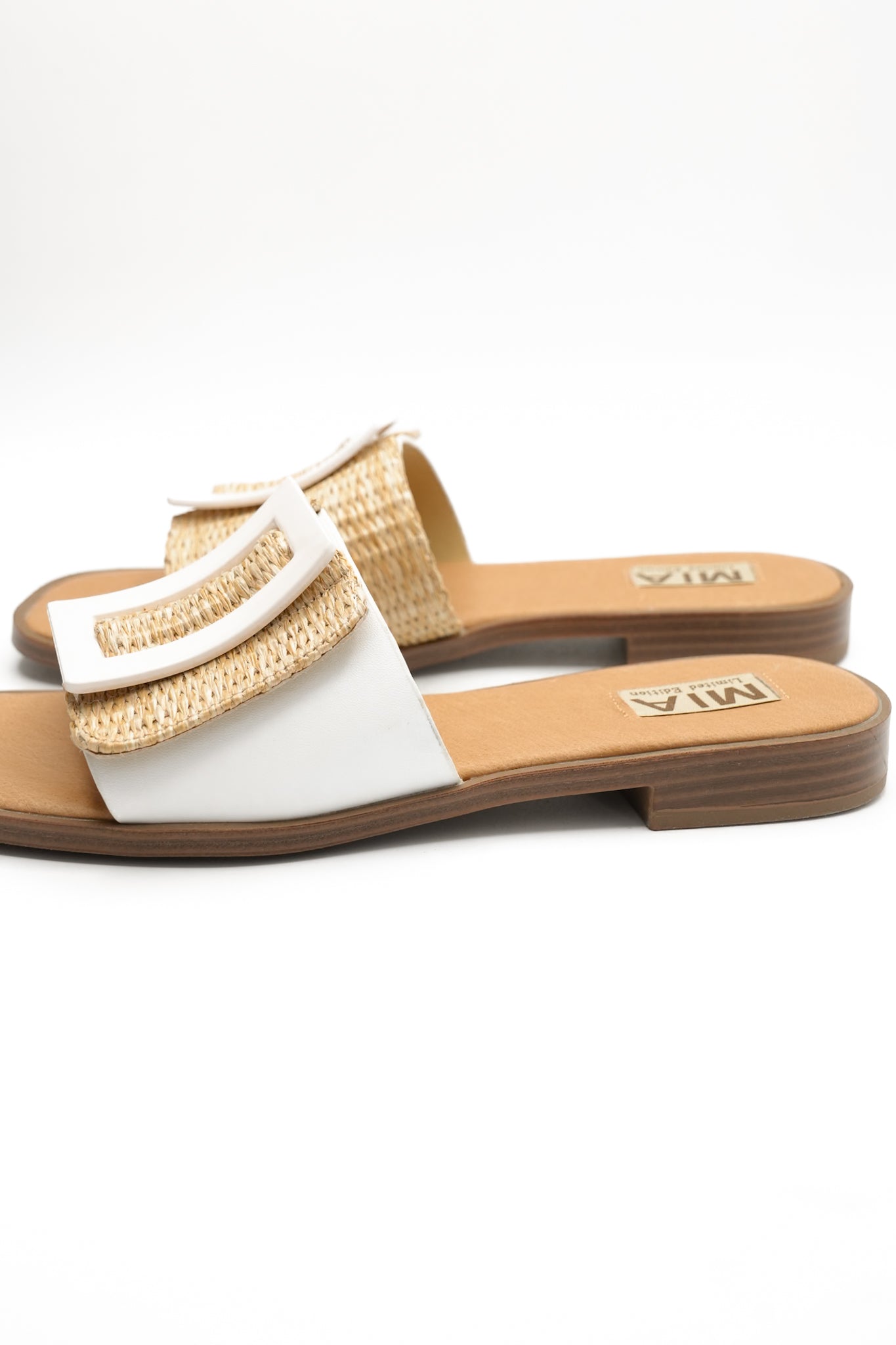 MIA Woven Raffia Buckle Slide Sandal