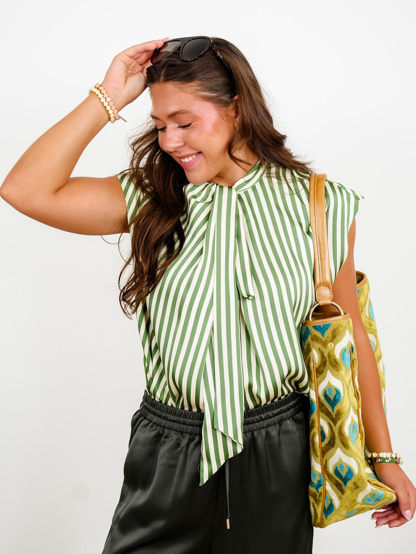 Olive Stripe Sleeveless Top with Neck Tie