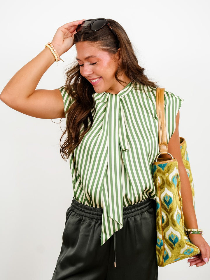 Olive Stripe Sleeveless Top with Neck Tie