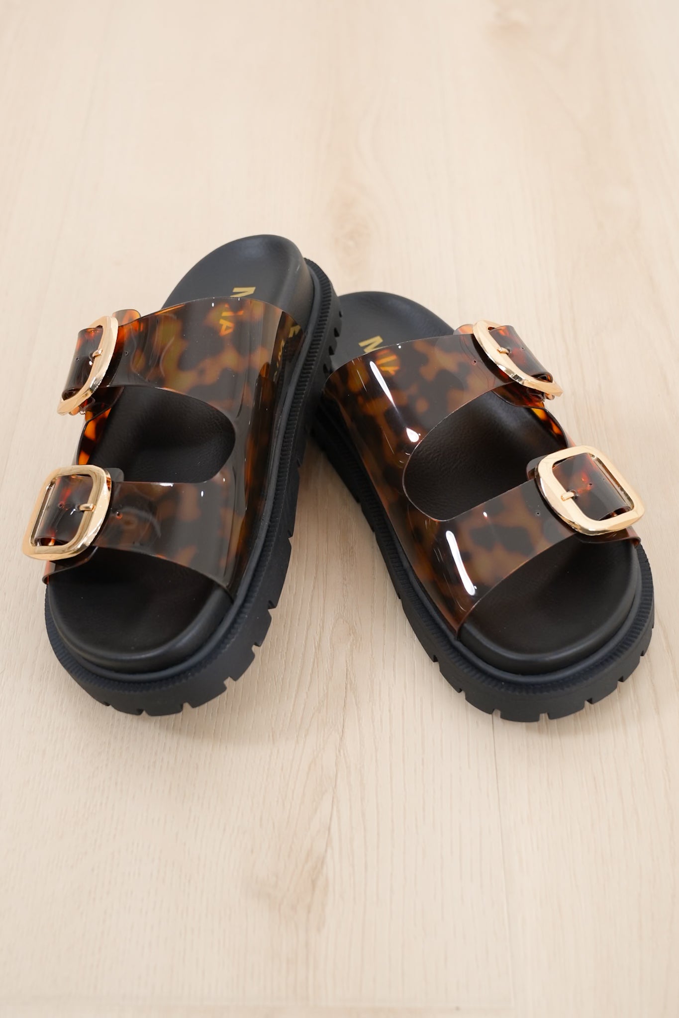 MIA Transparent Animal Print Double Buckle Platform Slide Sandal