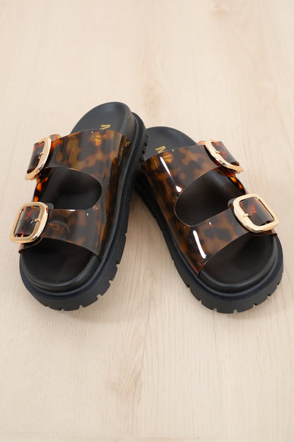 MIA Transparent Animal Print Double Buckle Platform Slide Sandal
