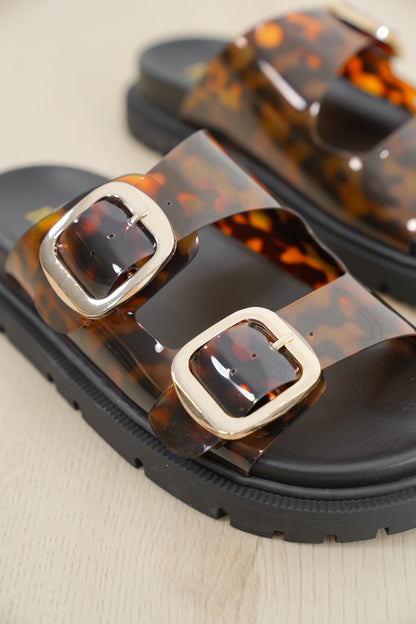 MIA Transparent Animal Print Double Buckle Platform Slide Sandal