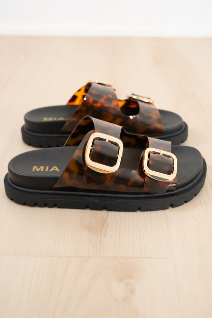 MIA Transparent Animal Print Double Buckle Platform Slide Sandal