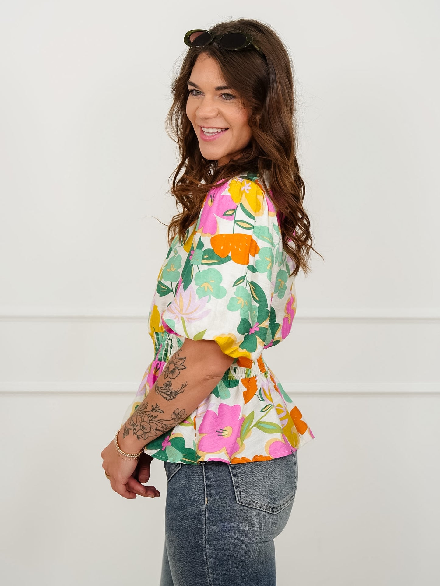 Floral Short Puff Sleeve 1/4 Zip Peplum Top