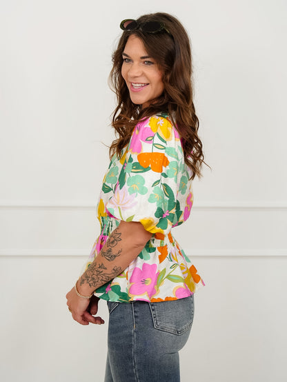 Floral Short Puff Sleeve 1/4 Zip Peplum Top