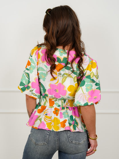 Floral Short Puff Sleeve 1/4 Zip Peplum Top