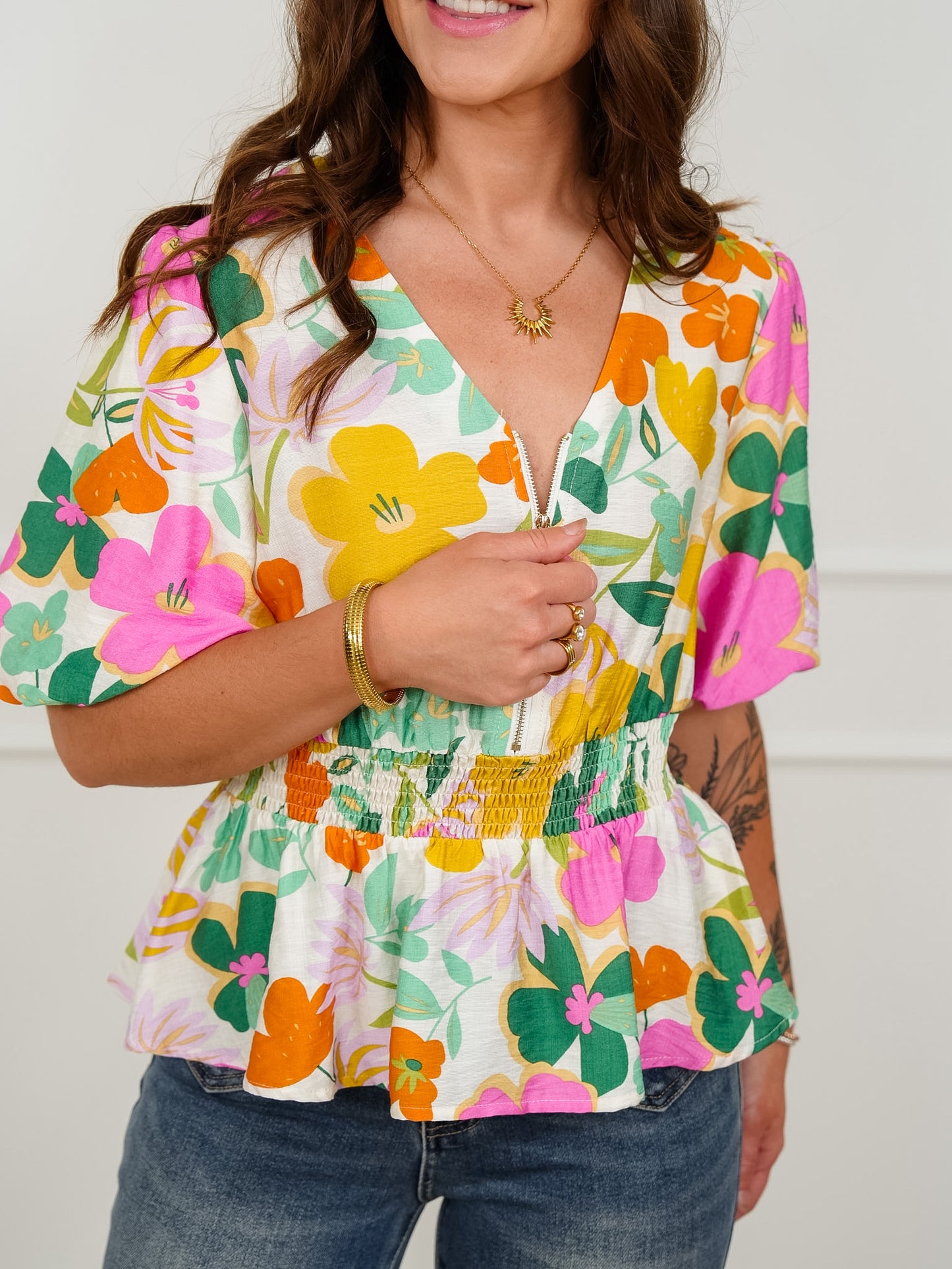 Floral Short Puff Sleeve 1/4 Zip Peplum Top