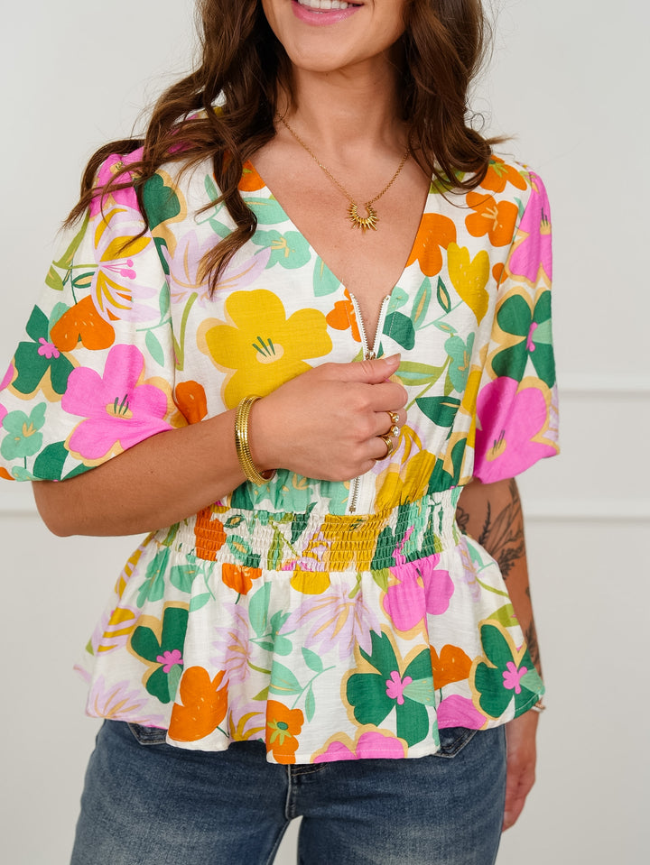 Floral Short Puff Sleeve 1/4 Zip Peplum Top