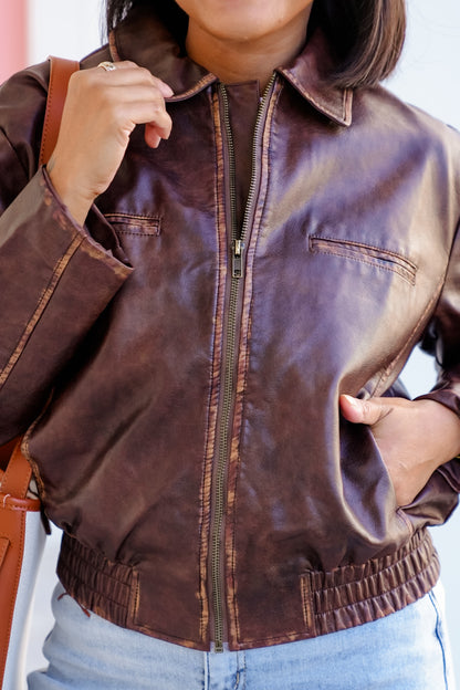 Vegan Leather Long Sleeve Zip Up Jacket