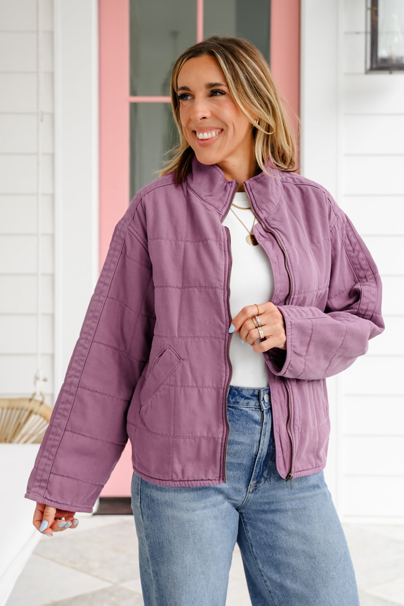 Washed Quilted Long Sleeve Zip-Up Jacket