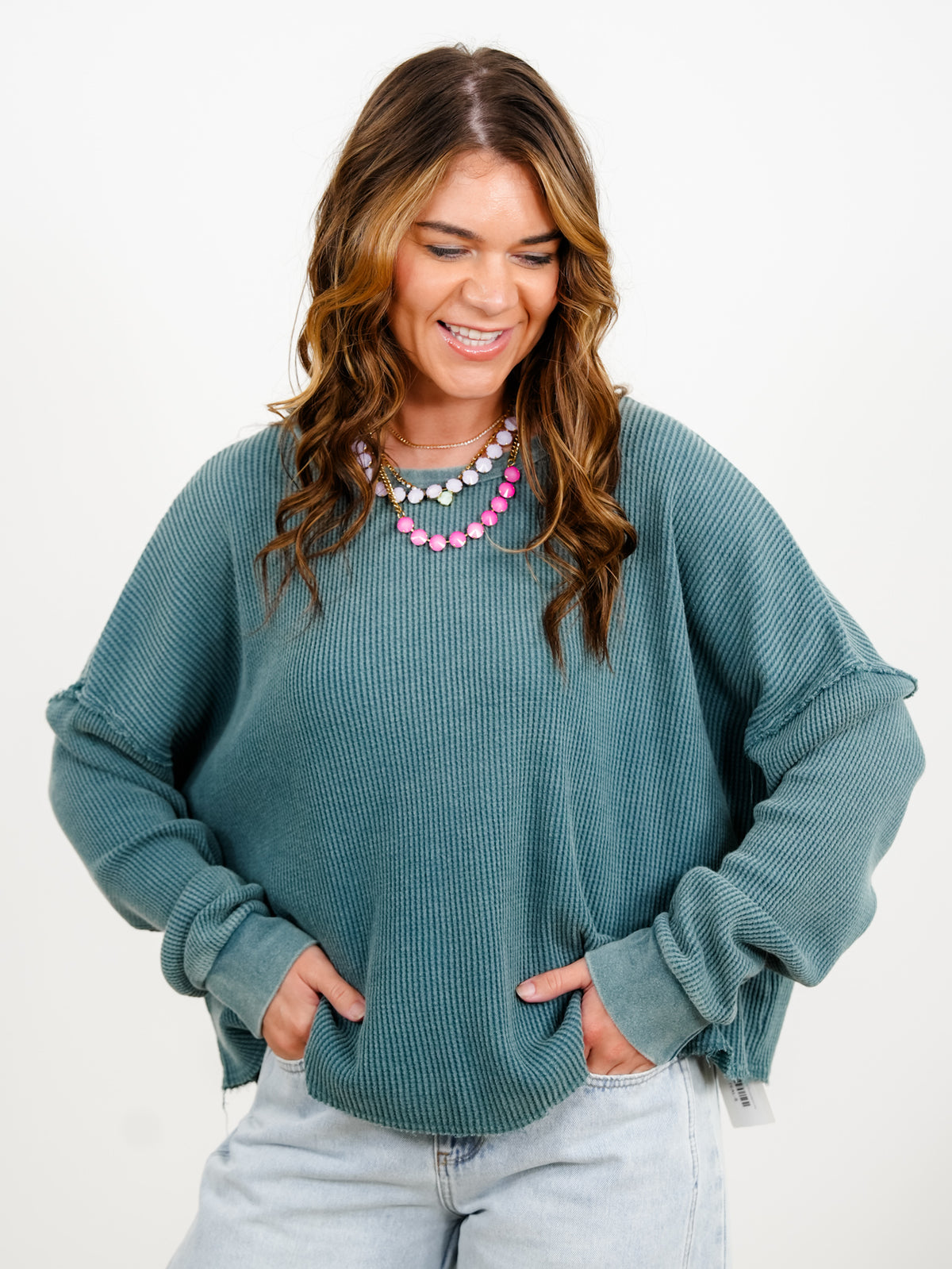 Door Buster! Mineral Wash Waffle Knit Long Sleeve Top - Freckled Poppy