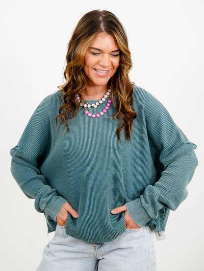 Door Buster! Mineral Wash Waffle Knit Long Sleeve Top - Freckled Poppy