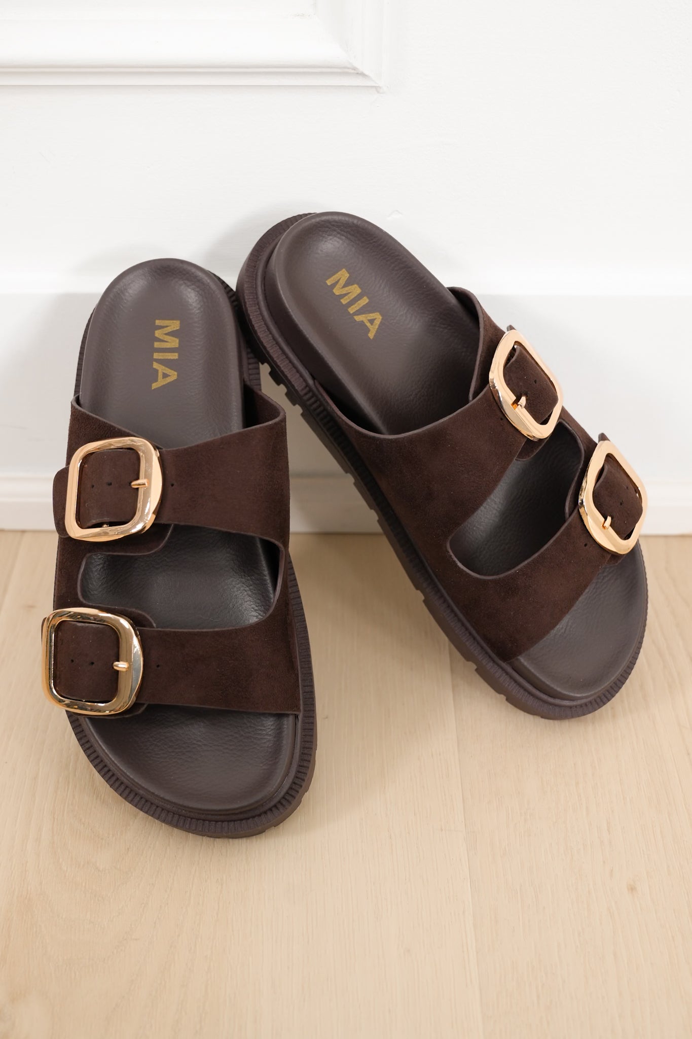 MIA Double Buckle Vegan Suede Platform Slide Sandal