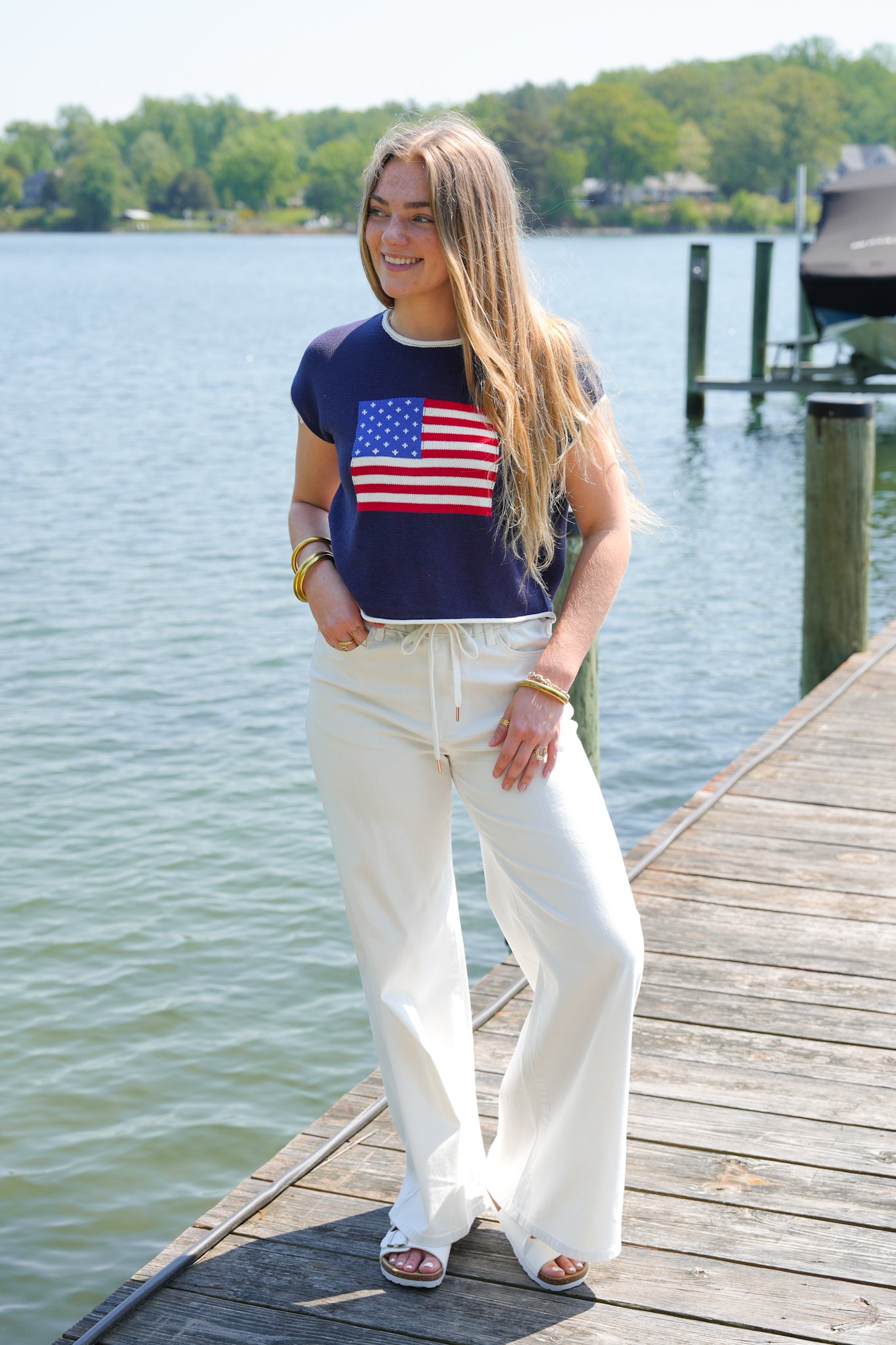juemi 完売商品 short American sleeve knit Short Sleeve American Flag Knit Top – Freckled Poppy