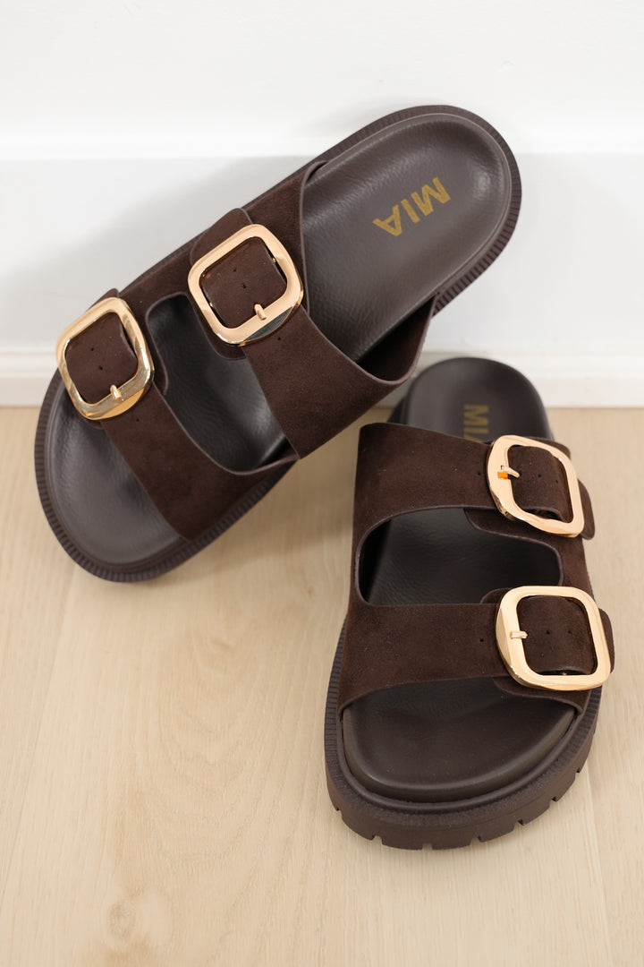 MIA Double Buckle Vegan Suede Platform Slide Sandal