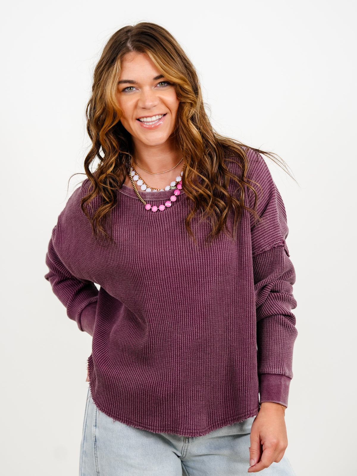Door Buster! Mineral Wash Waffle Knit Long Sleeve Top - Freckled Poppy