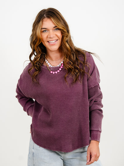 Door Buster! Mineral Wash Waffle Knit Long Sleeve Top - Freckled Poppy