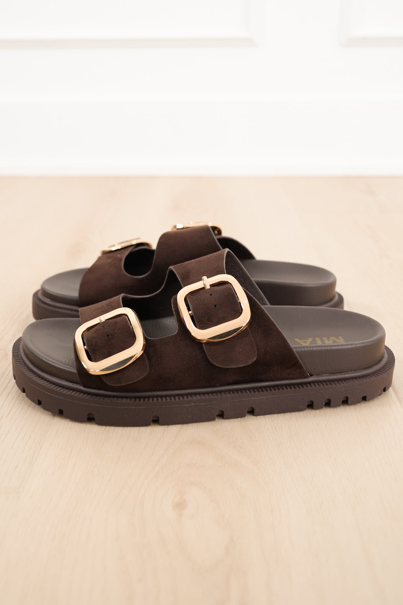 MIA Double Buckle Vegan Suede Platform Slide Sandal