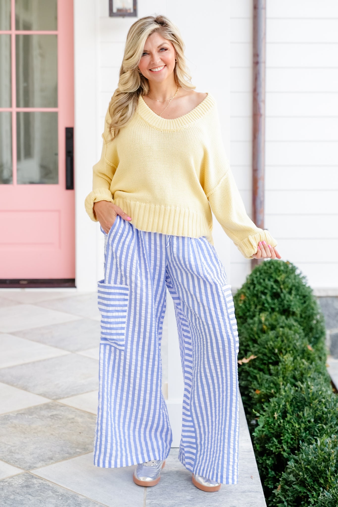 Plus/Reg Stripe Seersucker Elastic Waist Wide Leg Pants