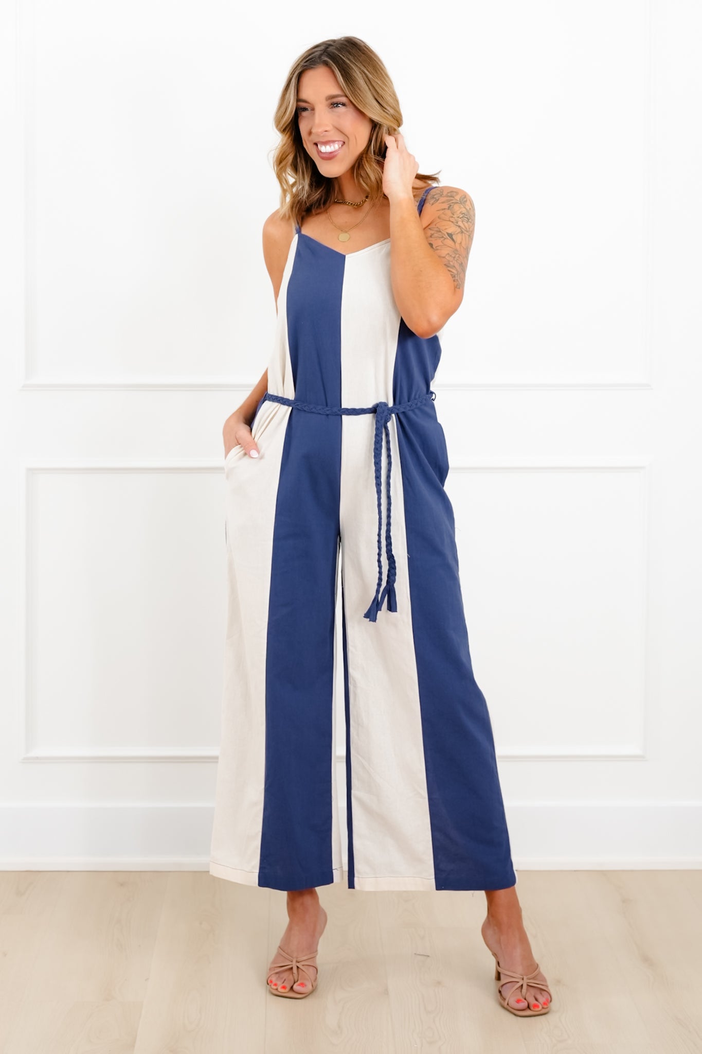 Vertical Stripe Sleeveless Jumpsuit with Side Pockets