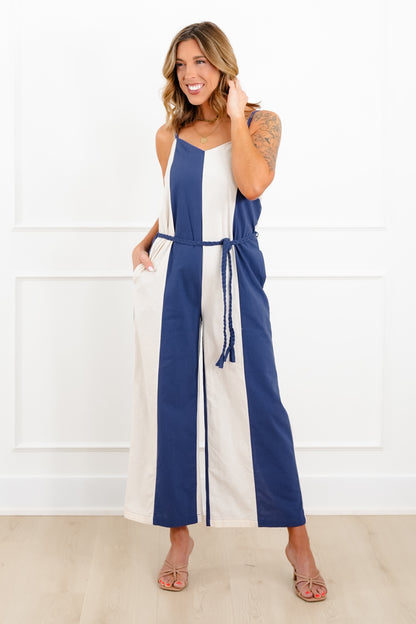 Vertical Stripe Sleeveless Jumpsuit with Side Pockets
