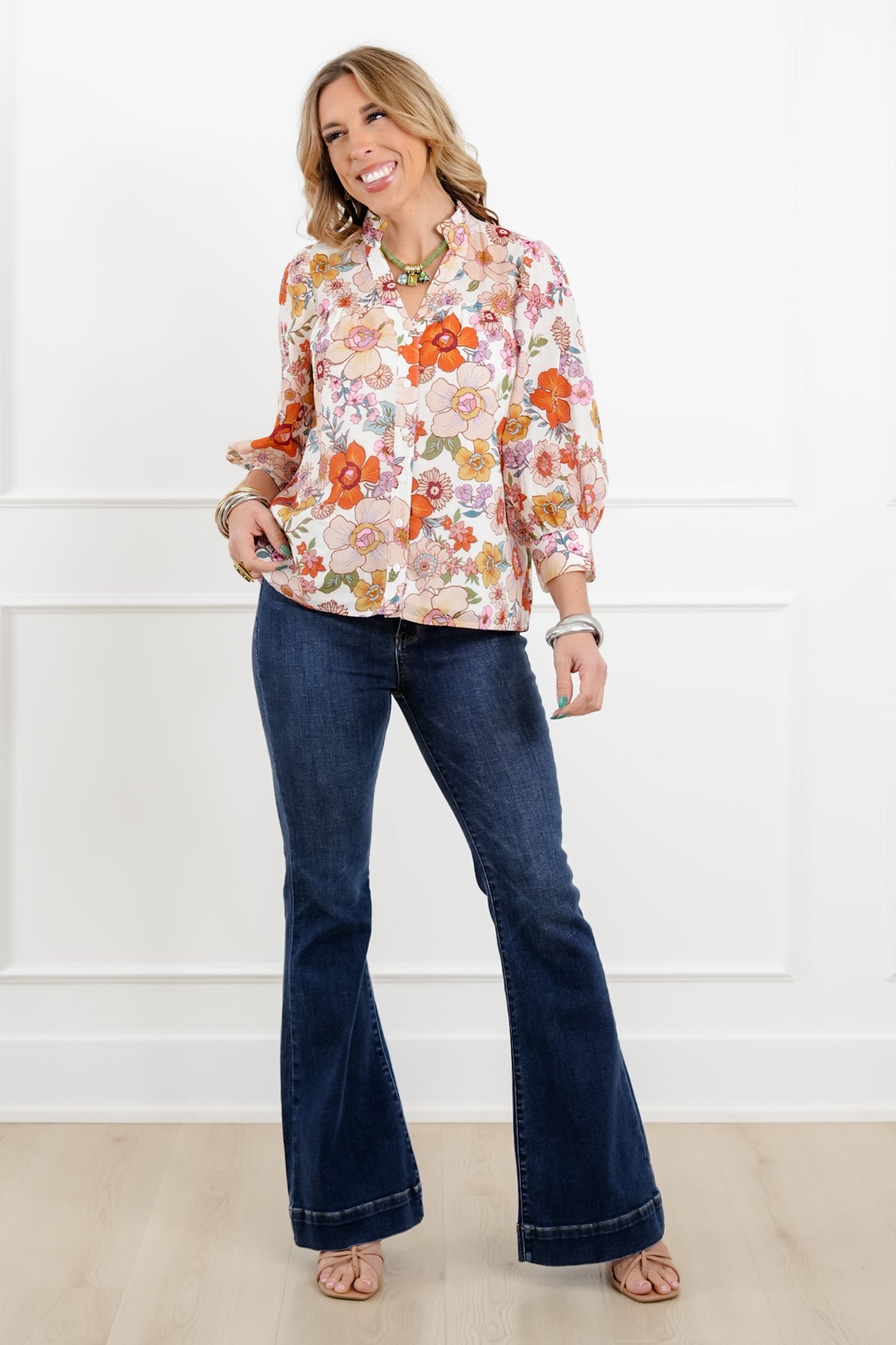 Floral Pattern 3/4 Sleeve Button Up Blouse