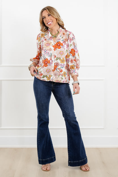 Floral Pattern 3/4 Sleeve Button Up Blouse