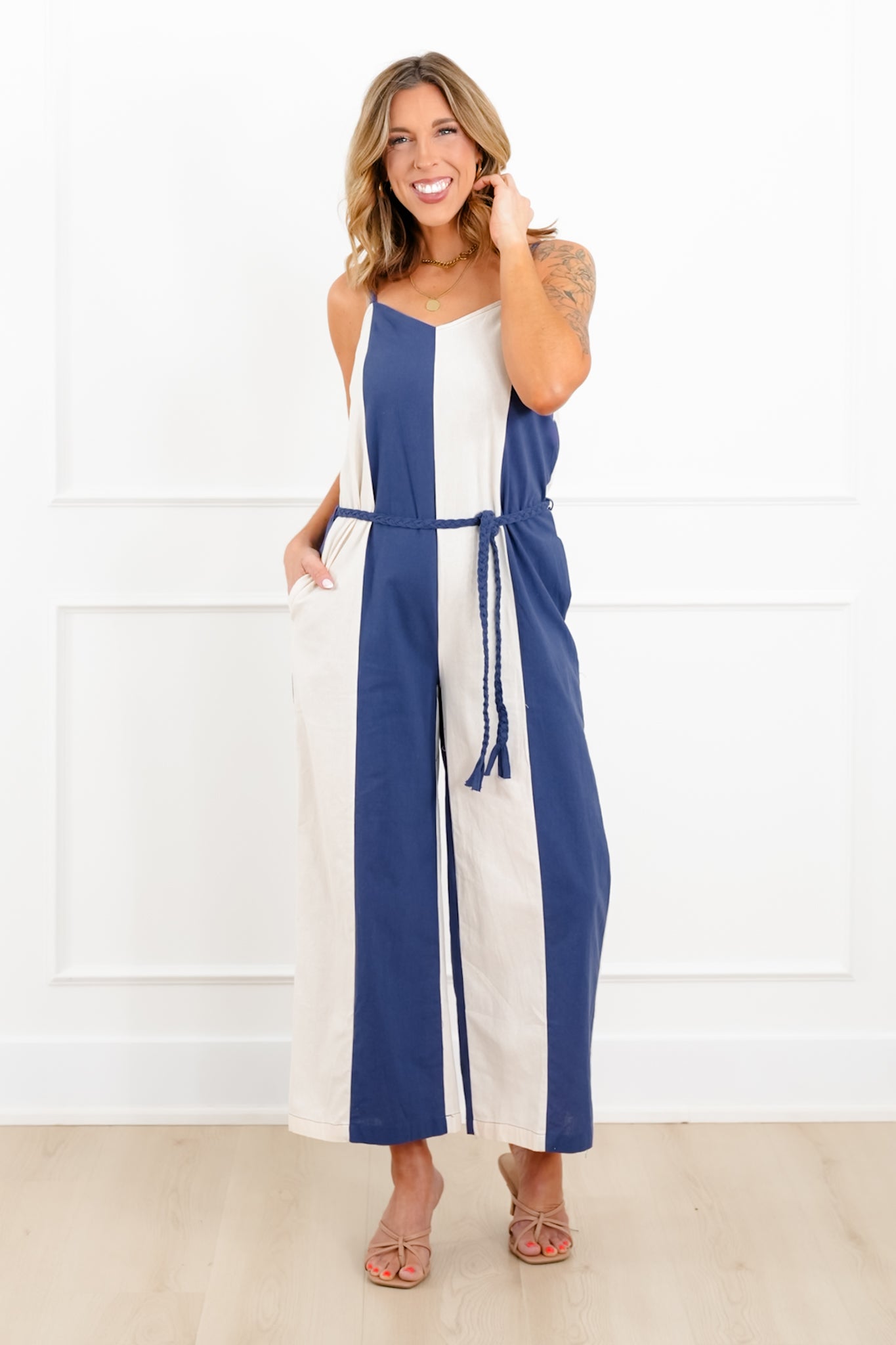 Vertical Stripe Sleeveless Jumpsuit with Side Pockets