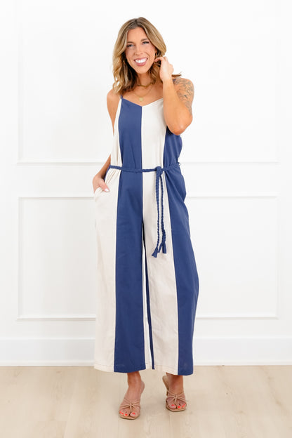 Vertical Stripe Sleeveless Jumpsuit with Side Pockets