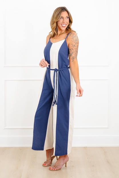 Vertical Stripe Sleeveless Jumpsuit with Side Pockets