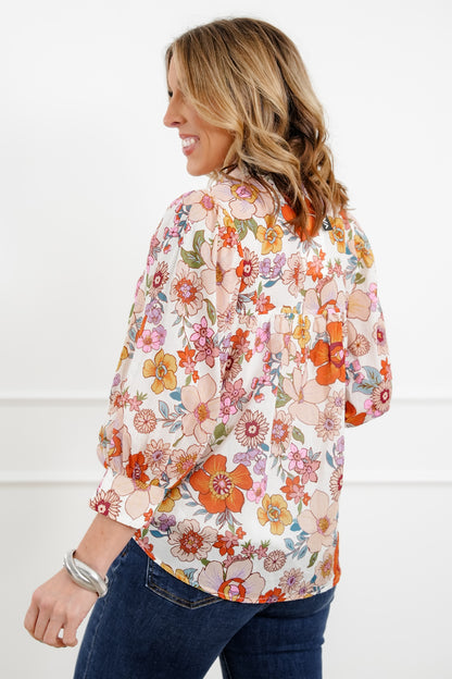 Floral Pattern 3/4 Sleeve Button Up Blouse