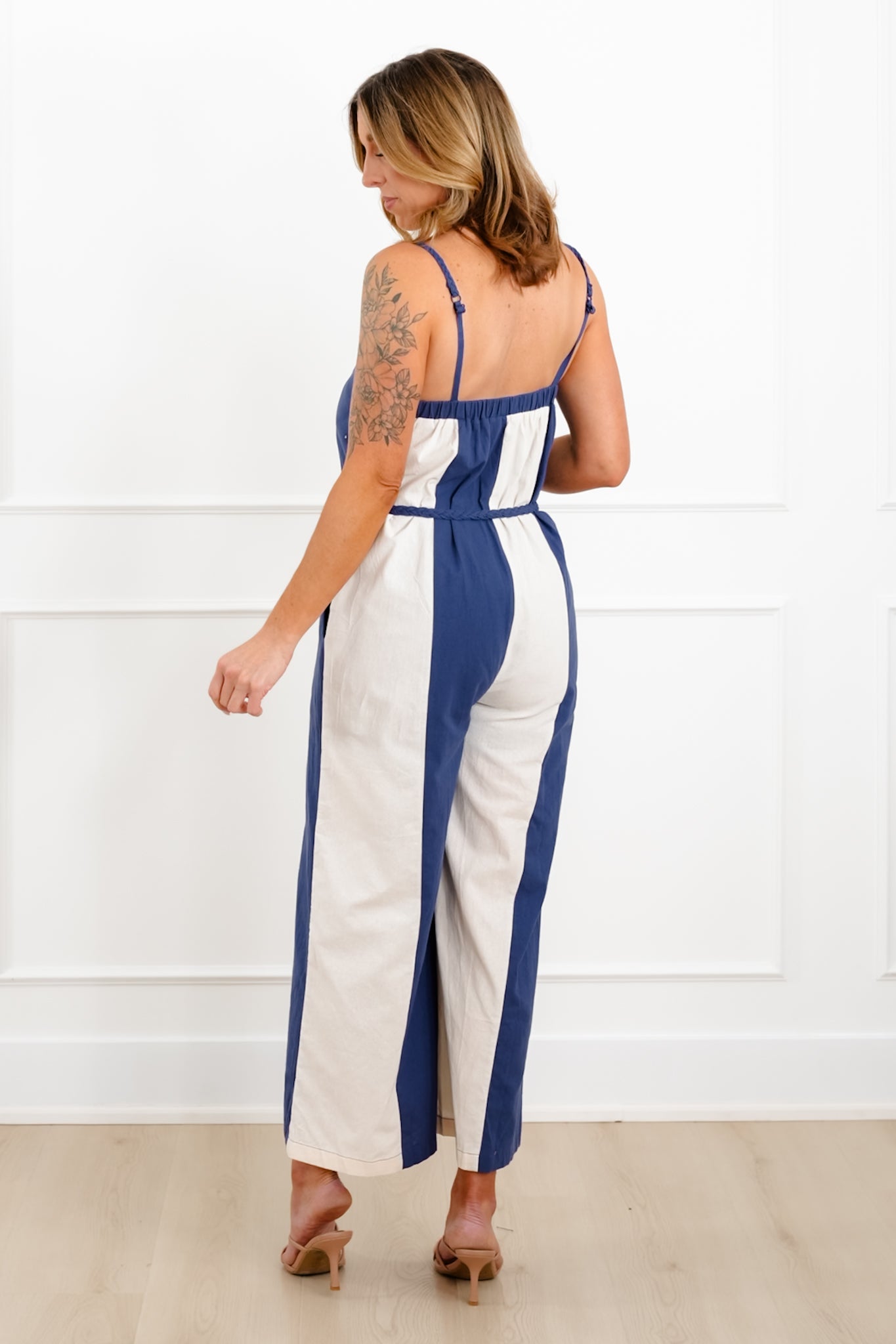 Vertical Stripe Sleeveless Jumpsuit with Side Pockets