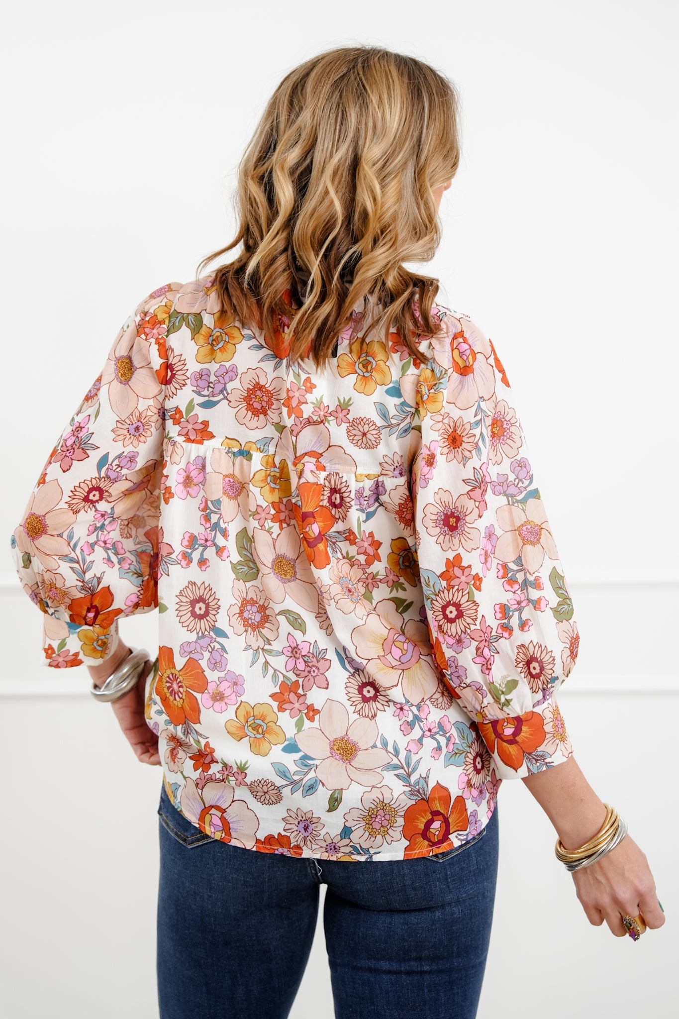 Floral Pattern 3/4 Sleeve Button Up Blouse