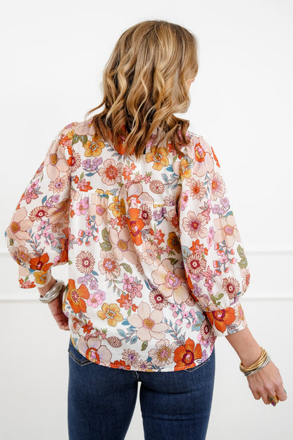 Floral Pattern 3/4 Sleeve Button Up Blouse