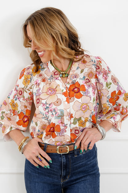 Floral Pattern 3/4 Sleeve Button Up Blouse