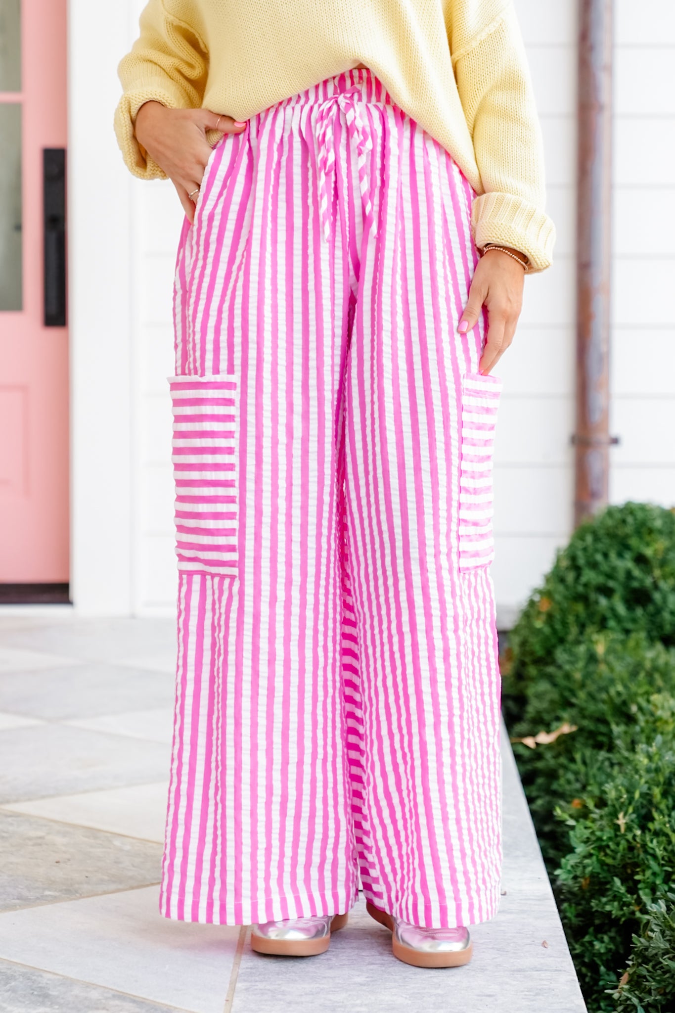 Plus/Reg Stripe Seersucker Elastic Waist Wide Leg Pants
