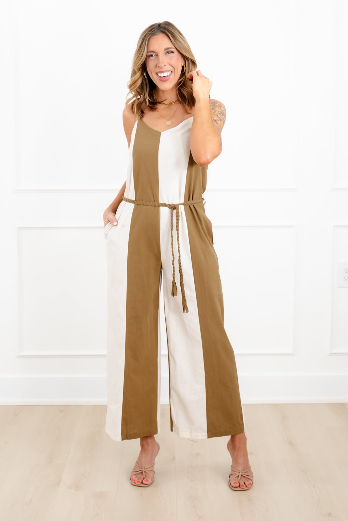 Vertical Stripe Sleeveless Jumpsuit with Side Pockets