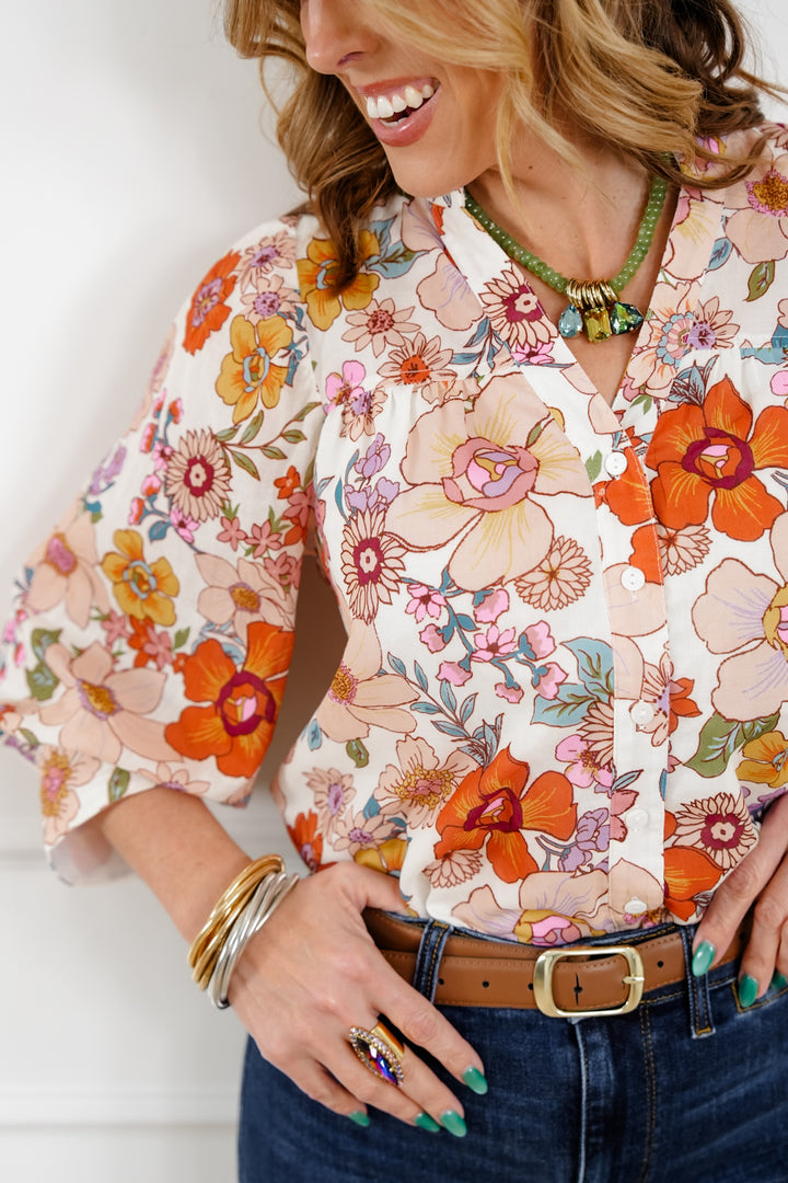 Floral Pattern 3/4 Sleeve Button Up Blouse