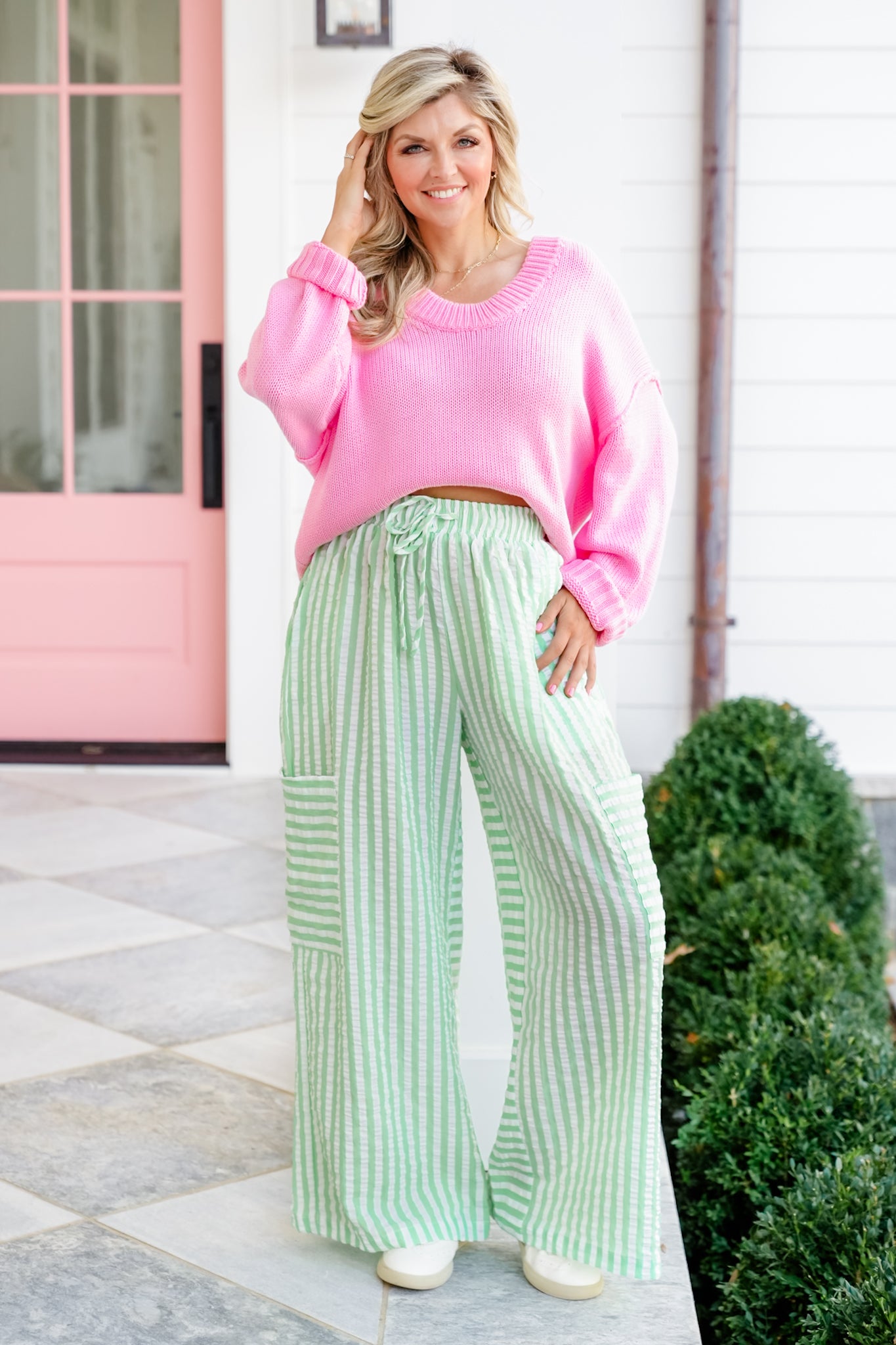 Plus/Reg Stripe Seersucker Elastic Waist Wide Leg Pants