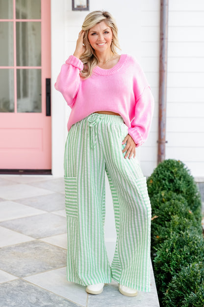 Plus/Reg Stripe Seersucker Elastic Waist Wide Leg Pants