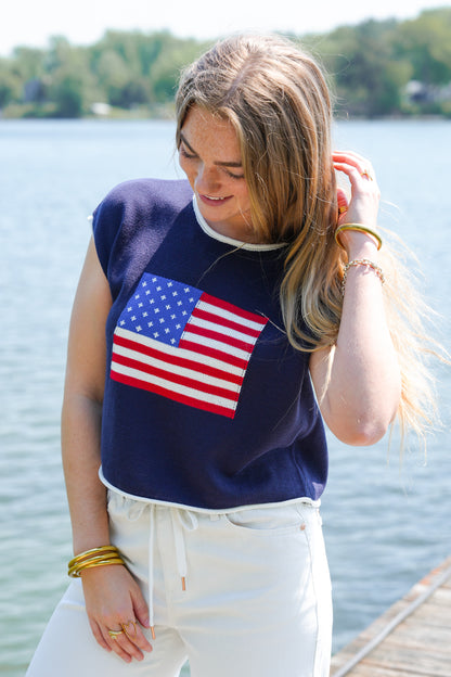 Short Sleeve American Flag Knit Top