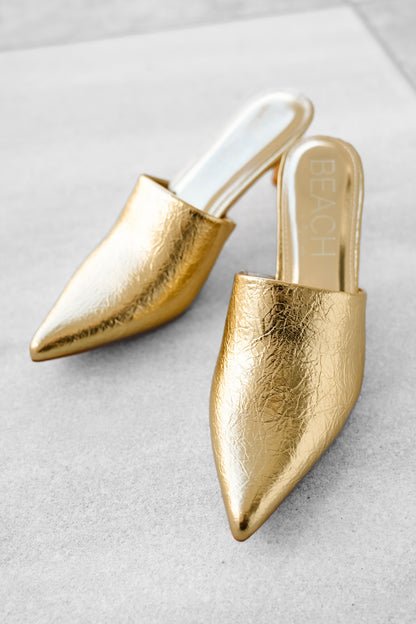 Textured Metallic Vegan Leather Pointed Toe Slip On Heel