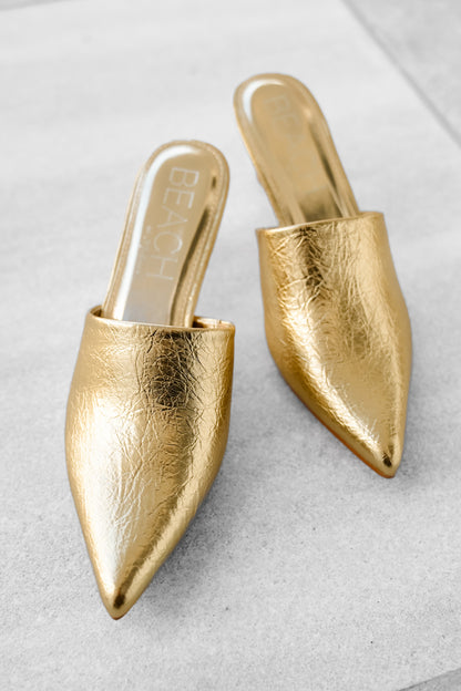 Textured Metallic Vegan Leather Pointed Toe Slip On Heel
