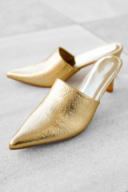 Textured Metallic Vegan Leather Pointed Toe Slip On Heel