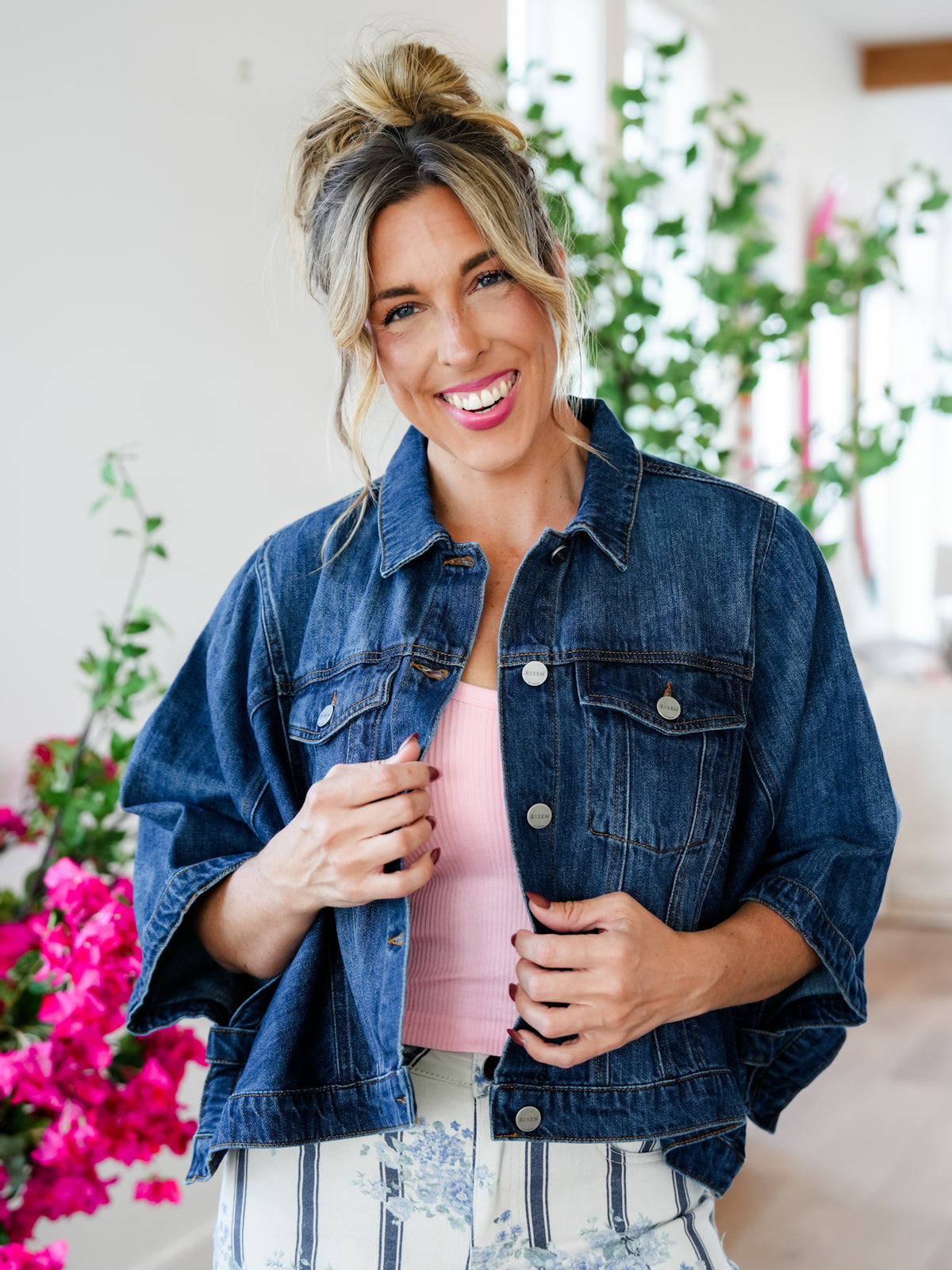 Plus/Reg Risen Dark Wash Button Down Cape Jacket - Freckled Poppy