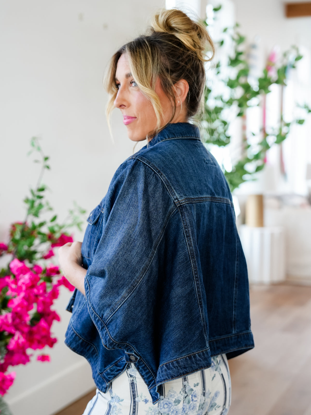 Plus/Reg Risen Dark Wash Button Down Cape Jacket - Freckled Poppy