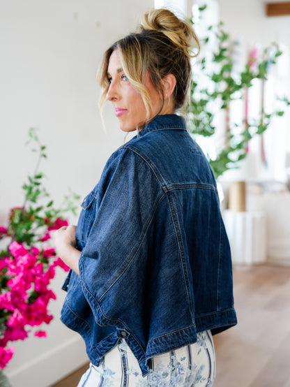 Plus/Reg Risen Dark Wash Button Down Cape Jacket - Freckled Poppy