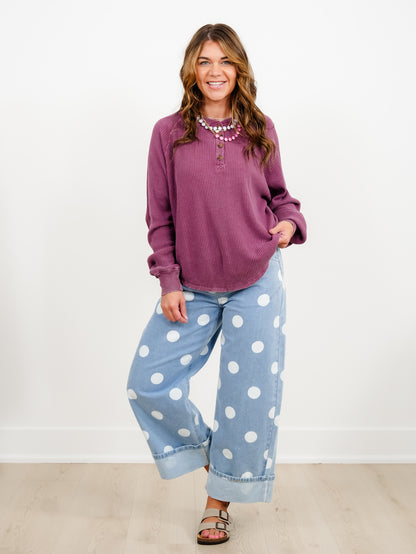 Door Buster! Mineral Wash Waffle Knit Button Up Top - Freckled Poppy